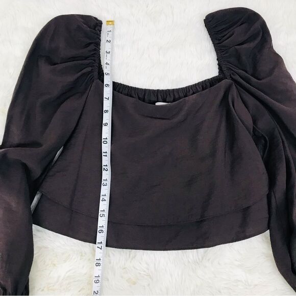 GIANNI BINI Brown Cropped Peasant Blouse Top Puff Sleeve Square Neck Small New - Picture 11 of 11